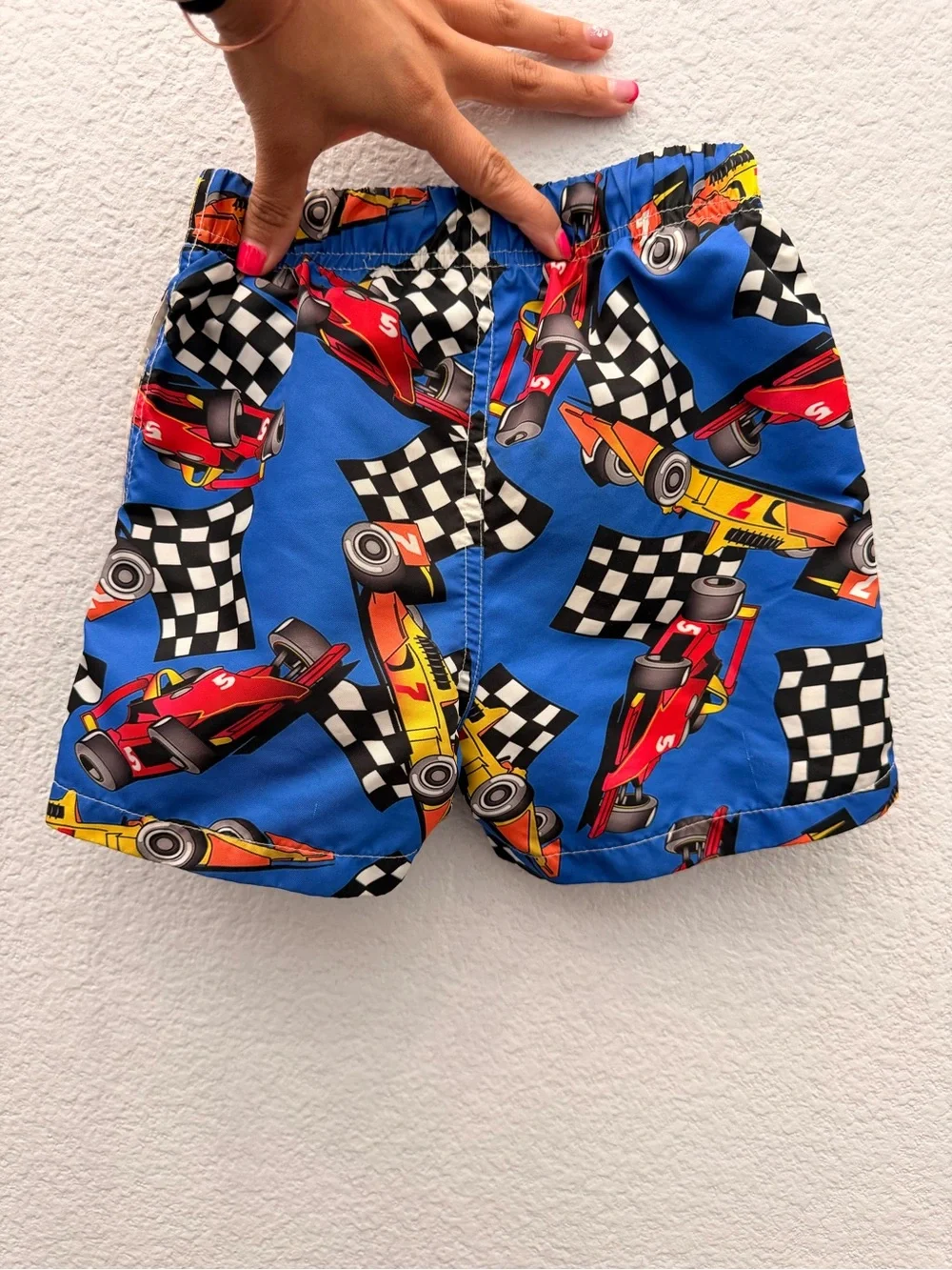 Blue Racing Print Boys Swim Shorts
